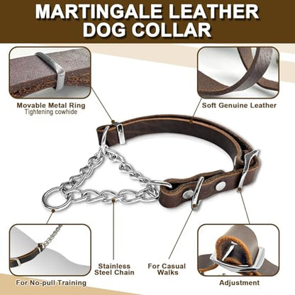 Leather Martingale Dog Collar, Soft Genuine Cowhide Handmade Assembled Stainless Steel Chain Martingale Collar Adjustable for Medium Large Dogs Pets. (M, Neck 19-24"(Martingale)) - size: M, Neck 19-24"(Martingale)