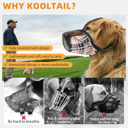 KOOLTAIL Dog Muzzle, Soft Muzzle for Small Medium Large Sized Dogs to Anti & Prevent Barking Grooming Biting, Reflective Adjustable Air Mesh Basket Muzzles, Allows Panting and Drinking, Beige Plaid XL - color: Beige Plaid, size: X-Large
