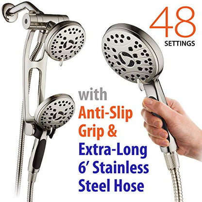 High Pressure 48-mode Luxury 3-way Combo with Adjustable Extension Arm – Dual Rain & Handheld Shower Head – Extra Long 6 Foot Stainless Steel Hose – All Brushed Nickel Finish – Top US Brand - color: Brushed Nickel