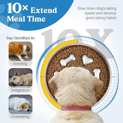 Slow Feeder Dog Bowls, 304 Stainless Steel Slow Feeder Bowl 5 Cups Metal Pet Food Bowl with Non-Slip Base for Medium & Large Breed, Bloat Stop, Dishwasher Safe - color: Silver, size: 5 Cups