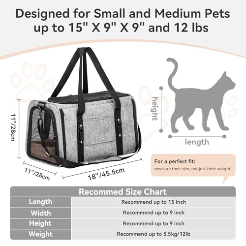 PETSFIT Soft-Sided Cat Carrier with Patented Safety Buckles, Lockable Zippers & Safety Tether,Escape-Resistant Travel Pet Carrier for Car Rides & Vet Visits, Airline Approved Under-Seat, Up to 12 lbs - color: Gray, size: 18.0"L x 11.0"W x 11.0"H