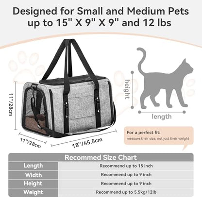 PETSFIT Soft-Sided Cat Carrier with Patented Safety Buckles, Lockable Zippers & Safety Tether,Escape-Resistant Travel Pet Carrier for Car Rides & Vet Visits, Airline Approved Under-Seat, Up to 12 lbs - color: Gray, size: 18.0"L x 11.0"W x 11.0"H