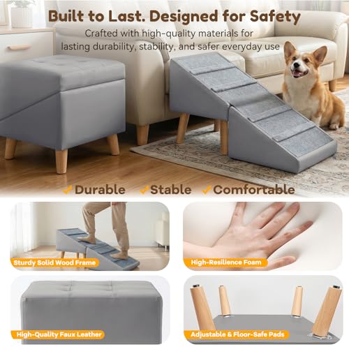 Dog Ramp for Small Dogs, 18.5" Extra Wide 3-in-1 Dog Stair with Foldable Ottoman & Hidden Storage Design, 15.7" H Safer Leather Pet Steps for Couch Sofa (Grey) - color: Grey