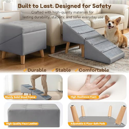Dog Ramp for Small Dogs, 18.5" Extra Wide 3-in-1 Dog Stair with Foldable Ottoman & Hidden Storage Design, 15.7" H Safer Leather Pet Steps for Couch Sofa (Grey) - color: Grey