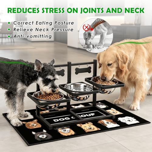 SHAINFUN Elevated Dog Bowls for Medium/Large Dogs with Mat, 6 Height Adjustable Raised Dog Bowls, Three Large 58oz Food Water Stainless Steel Bowls - size: Three 58oz Dog Bowl & Mat