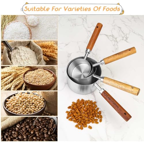 4 Packs Dog Food Scoop Measuring Cup with Wooden Handle, Stainless Steel Pet Food Scoop Dog Food Measuring Cup for Dogs Cats Birds and Rabbits, 1 Cup, 1/2 Cup, 1/3 Cup and 1/4 Cup 4 Packs