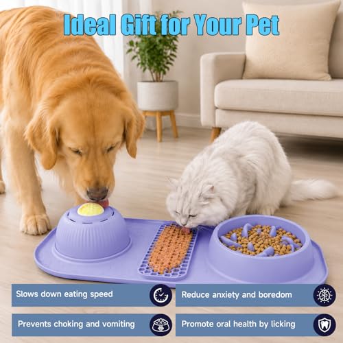 Dog Lick Bowl with Rolling Ball, 3 in 1 Slow Feeder Dog Bowls, Bone Broth Dog Licking Bowl with Lick Mat & Interactive Rolling Ball, Non-Slip Dog Enrichment Toy for Small Medium Large Breed