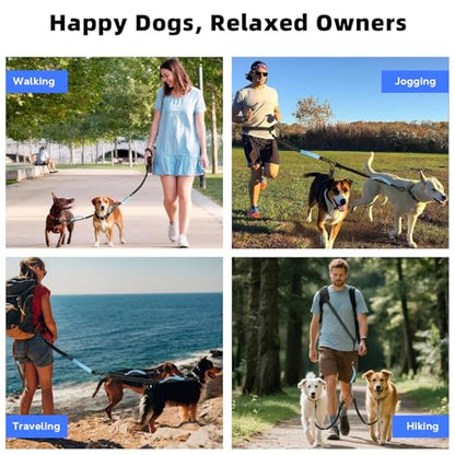 Hands Free Dog Leash, Waist Leash for Dog Walking 2 Dogs, Double Hands Free Lead with Detachable Waist Pad, Padded Handles, Shock Absorbing Bungee for Walking Jogging Hiking, Blue&Black