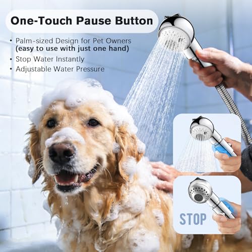 Quiet Dog Shower Attachment with One-Button Pause, 2-Mode Mini Pet Shower Head for Nervous Dog Bath& Dog Head, 98'' Long Hose, Palm-Size Design, Gentle Water Flow Perfect for Cat, Fits Shower Arm Only