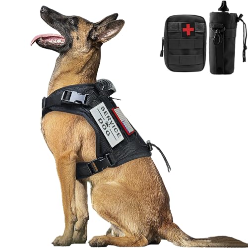 Tactical Dog Harness Vest with Pouches Training Outdoor Military K9 Harness Tactical Vest Detachable Medicine & Water Bags, 3 Patches - color: Black, size: Large (Pack of 1)