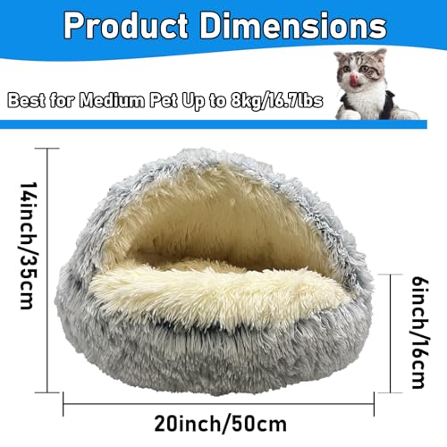Furry Cozy Cave Bed for Cat, Enclosed Plush Dog Hooded House 20inch | Soft Fluffy, Non-Slip, Washable, Self-Warming, Appease Anti Anxiety Animal, Round