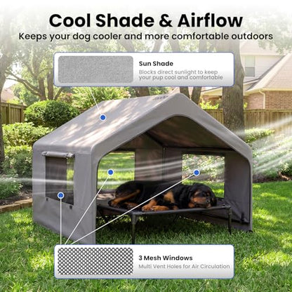 Zooba Extra Large Dog Shade with Elevated Bed, Outdoor Dog House for Large Breeds, 4’×4’×3.3’ Dog Shelter with Canopy, Dog Tent for Outside, 2-in-1 Separate Design, Grey