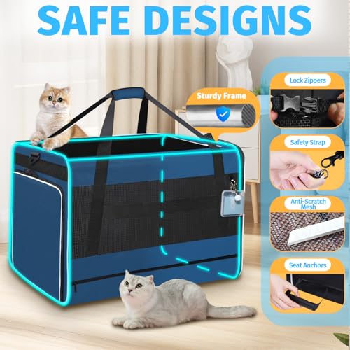 Petskd Side Expandable Extra Large Cat Carrier with Litter Box Area, 24"x17"x17" Soft-Sided Pet Carrier for 2 Cats Under 55 lbs with Zipper Locks for Car Travel(Prussian Blue) - color: Prussian Blue