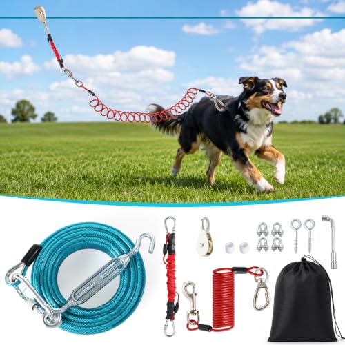 120FT Dog Run for Yard Heavy Duty with 10FT Tie Out Cable for Dogs, Outdoor Leash Trolley System for Large Dog to 300Lbs, Blue - color: Blue, size: 120FT