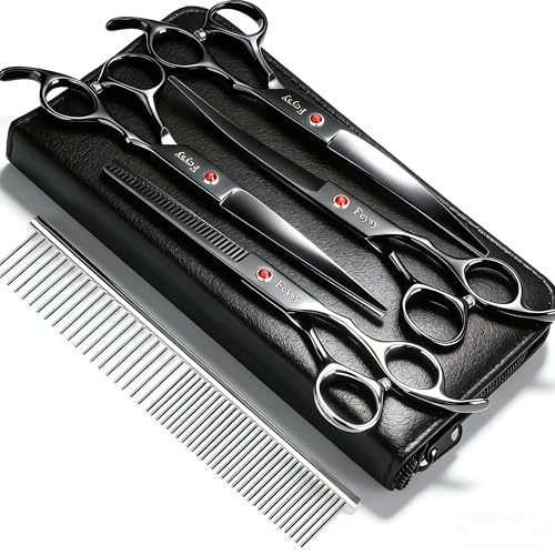 Dog Grooming Scissors Kit, Fcysy Professional Pet Hair Cutting Shears Set with Curved & Straight Blades Scissors Thinning Shears– Stainless Steel Grooming Tools for Dogs & Cats at Home