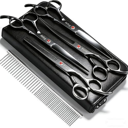 Dog Grooming Scissors Kit, Fcysy Professional Pet Hair Cutting Shears Set with Curved & Straight Blades Scissors Thinning Shears– Stainless Steel Grooming Tools for Dogs & Cats at Home