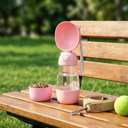 2-in-1 Dog Water Bottle, 400ML Water + 200ML Food Leak-Proof Pet Travel Water Dispenser with Detachable Bowl, BPA-Free Portable Dog Water Bottle for Walking, Hiking, Travel (Pink) - color: Pink