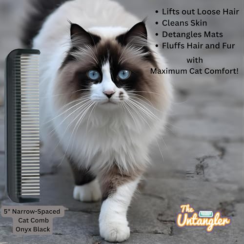 Cat Comb with Silky Smooth Rotating Teeth - Clears Mats Gently and Easily (5" Ultra Fine Teeth; 7" Dual Teeth) (Black, 5") - color: Black, size: 5"