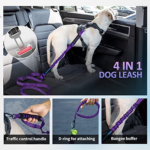 IOKHEIRA Multifunctional Dog Leash for Large and Medium Dogs - Adjustable With Car Seatbelt, 4-6 FT Strong Bungee, Purple - color: Purple