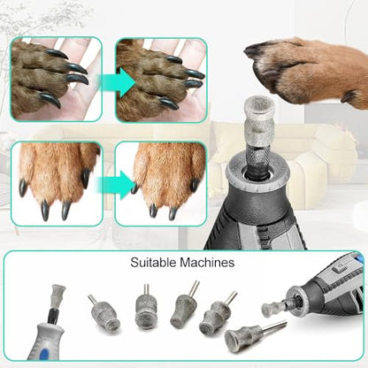 Diamond Dog Nail Grinder Bit (1/8" Shank) – 5 PCS Heavy Duty Professional Rotary Grinder Attachment for Dremel, Dual-Beveled & Cooling Design Head for Safe, Quick Pet Claw Shaping - size: 5pcs Mix