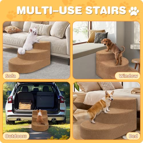 Dog Stairs 3 Steps Foam Pet Ramp for Small Dogs Cats, Khaki | Non-slip foam stairs with washable cover, ideal for beds & sofas. Sturdy, safe & easy to clean. - color: Khaki-3-Step