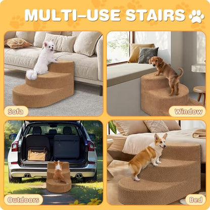 Dog Stairs 3 Steps Foam Pet Ramp for Small Dogs Cats, Khaki | Non-slip foam stairs with washable cover, ideal for beds & sofas. Sturdy, safe & easy to clean. - color: Khaki-3-Step