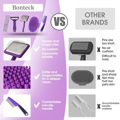 Bonteck Dog Slicker Brush for Dogs Grooming Kit 5PCS | Large Dog Brush for Goldendoodles Poodles Doodles | Long Pin Haired Brush | Poodle Brushes and Comb (Purple) - color: Purple