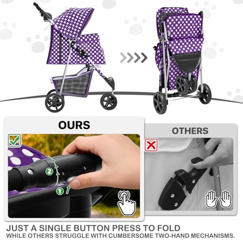 MoNiBloom 3 Wheels Pet Dog Cat Stroller for Small Medium Dogs Cats, Foldable Jogger Stroller w/Storage Basket and Cup Holder, Purple Polka Dots - color: Purple Polka Dots