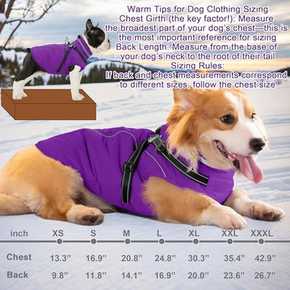 Fragralley Dog Coat with Harness Built in, Waterproof Windproof Reflective Warm Puffer Jacket, Fleece Lined Vest Winter Parka for Small, Medium, Large Dogs - color: Purple, size: Small