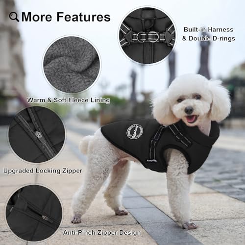 Warm Dog Winter Coat, Windproof Dog Cold Weather Jacket, Reflective & Adjustable Black Pet Vest with Harness, Thick Polar Fleece Lining Cozy Apparel for Small Medium Cats - color: Black, size: Large