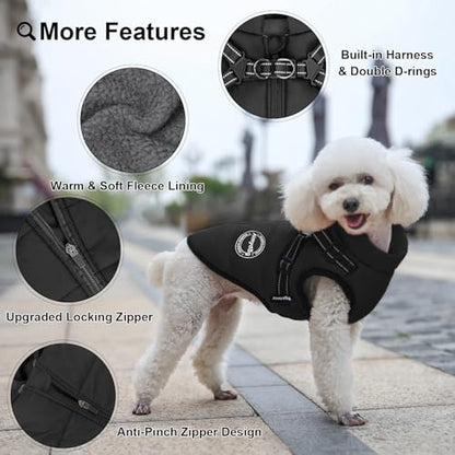 Warm Dog Winter Coat, Windproof Dog Cold Weather Jacket, Reflective & Adjustable Black Pet Vest with Harness, Thick Polar Fleece Lining Cozy Apparel for Small Medium Cats - color: Black, size: Medium