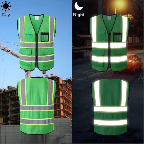 Reflective Safety Vest for Men Women Hi Vis Vest with 8 Pockets High Visibility Mesh Reflective Vest Meets ANSI/ISEA Standards (Green-07,Large) - color: Green, size: Large