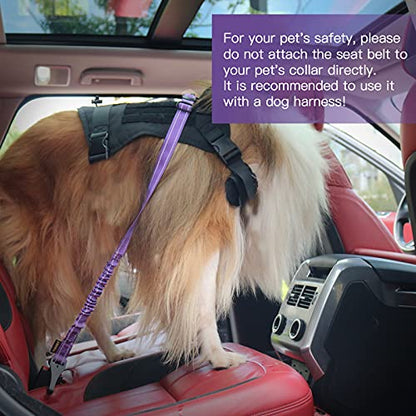 AUBELL Dog Seat Belt for Car,2 Pack Set 3-in-1 Adjustable Reflective Bungee Heavy Duty Dog Car Harness Tether with Clip Hook Latch & Buckle,Swivel Zinc Alloy Carabiner,Black+Purple - color: Set Black+Purple