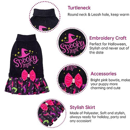 CuteBone Halloween Dog Sweater Dress Spooky Embroidery Turtleneck Puppy Sweater with Bowtie Leash Hole Pullover Winter Dress for Small Dogs - color: Halloween 3, size: Small