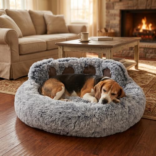 Round Plush Calming Donut Dog & Cat Bed | Calming Design, Donut Shape - color: Grey, size: Large