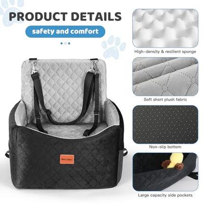 Dog Car Seat for Small Medium Dogs Up to 40 lbs – Dog Booster Seat with 6-Inch Memory Foam, Pet Car Seat with Removable Washable Cover, 3 Safety Belts & 2 Storage Bags (Black/Gray)
