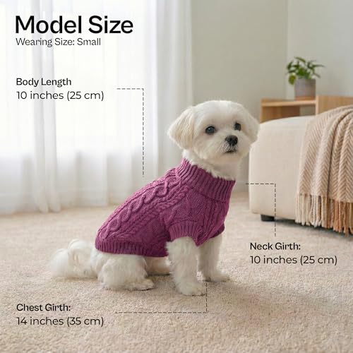 Parisian Pet Dog Sweaters - Pull Over, Turtle Neck Dog Sweater - Cable Knit Raspberry Thick Pet Sweater - Fall, Winter Pet Clothes - Flexible Arm Holes Sweater - XS