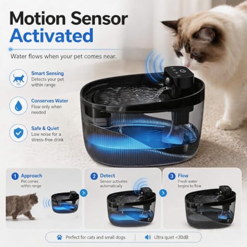 Cordless Cat Water Fountain, Pet Drinking Dispenser with LED Light, 4000mAh Battery Operated, 74oz/2.2L Wireless Fountain for Cats, Dogs and Small Pets (Black Water Fountain)