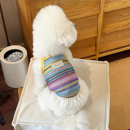 Dog Sling Tank Top with Tulle Skirt, Colorful Striped Pet T-Shirt (Yellow, X-Large) - color: Yellow, size: X-Large