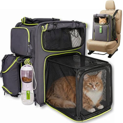 Premium Expandable Cat Carrier Backpack with Car Seat Belt Safety System – Rigid Frame Pet Carrier Backpack for Cats & Small Dogs up to 25 lbs – Breathable, Durable – Includes Bottle & Feeding Bowl - color: gray/green