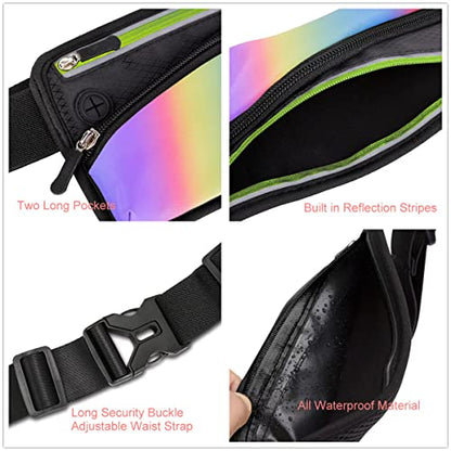 Running Belt Sport Waist Pack/Pouch w/Water Bottle Holder Hydration Fanny Pack Reflective Stripes Cellphone Storage Earphone hole for Dog walker Hiking Travel Adjustable Women/Men (Rainbow Stripes) - color: Rainbow Stripes