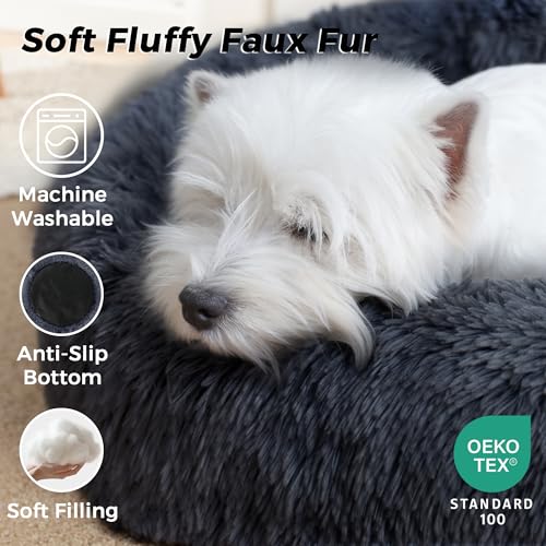 Calming Round Dog Bed & Cat Bed with Anti-Slip Bottom, Medium Size Washable Anti-Anxiety Donut Dog Beds for Small Dogs & Cats, Fluffy Plush Soft Dog Bed(24 Inch, Blue Grey) - color: Blue Grey, size: 24"l x 24"w x 8"th