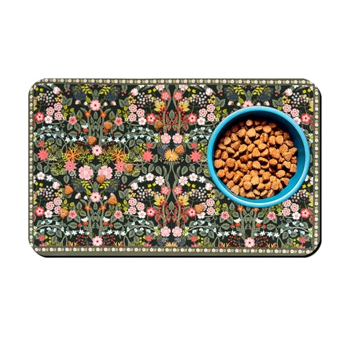 Dog Food Mats for Floors Vintage Boho Floral Waterproof Mat for Cat Food and Water Bowls - Dark Green Absorbent Quick Dry Non Slip Mat for Pet Feeding - color: Boho Floral, size: 20"L x 12"W