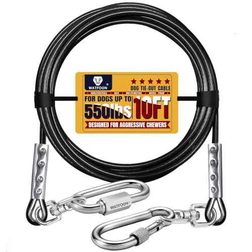 WATFOON Dog Leads for Yard, 1500LBS Break Strength, Heavy Duty Tie Out Cable for X-Large Dogs Training with Dual Rotating Hooks, Water Resistant Dog Chain Leads for Outside Camping (Black, 10FT) - size: 10FT