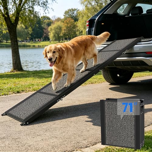 Dog Ramp for Car 71" L x 17" W, Foldable Pet Ramp for Large Dogs with Non-Slip Rug Surface, Portable Dog Car Ramp for SUV, Truck & Vehicle, Heavy-Duty Aluminum Pet Loading Ramp Supports 250 lbs - size: 71" L x 17" W