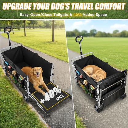 Dog Wagon for Large Dogs Up to 400 lbs, Foldable Dog Stroller for Medium to Large Dogs with Tailgate, Pet Carts with Wheels for Walking, Beach, Garden, Camping, Sport, Black L