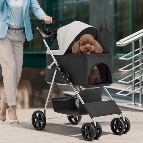 Magshion Foldable Pet Stroller, 3-in-1 Dog Travel Jogger with Detachable Carrier, Cup Holder, Storage Basket, Folding Carrier for Small/Medium Dogs & Cats Up to 33 lbs, Black - color: Black, style: Up to 33 lbs