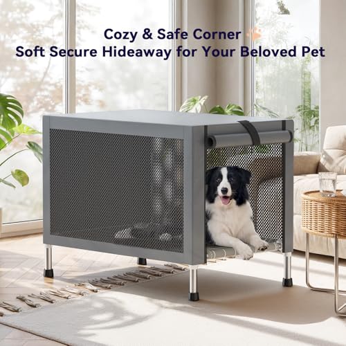 Medium Stainless Steel Elevated Dog Crate with Removable Cover, 2-in-1 Indoor & Outdoor Raised Pet House, Rust-Proof Dog Kennel with Silicone Anti-Slip Feet, Tool-Free Assembly - size: 32.0"L x 20.0"W x 24.0"H