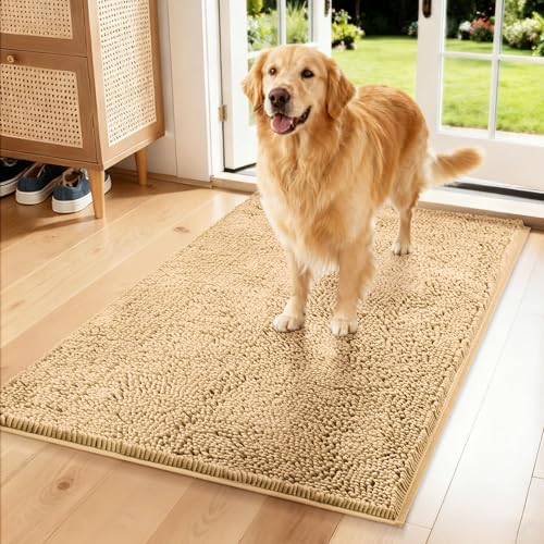 Absorbent Dog Door Mat for Muddy Paws, 120" x 36" Soft Chenille Indoor Dog Mat, Trap Dirt Mud Mat for Dogs, Non Slip Washable Pet Rug for Entryway, Beige - color: Beige, size: 120"L x 36"W x 1"Th
