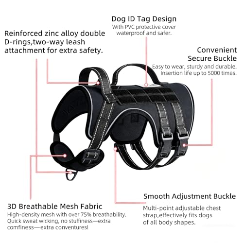 Tactical Dog Harness, Heavy Duty No Pull Dog Harness with 2 Control Handles Breathable Dog Harness Hook and Loop Panel for ID Patch Adjustable Reflective Pet Vest for Walking, Training (L) - size: L